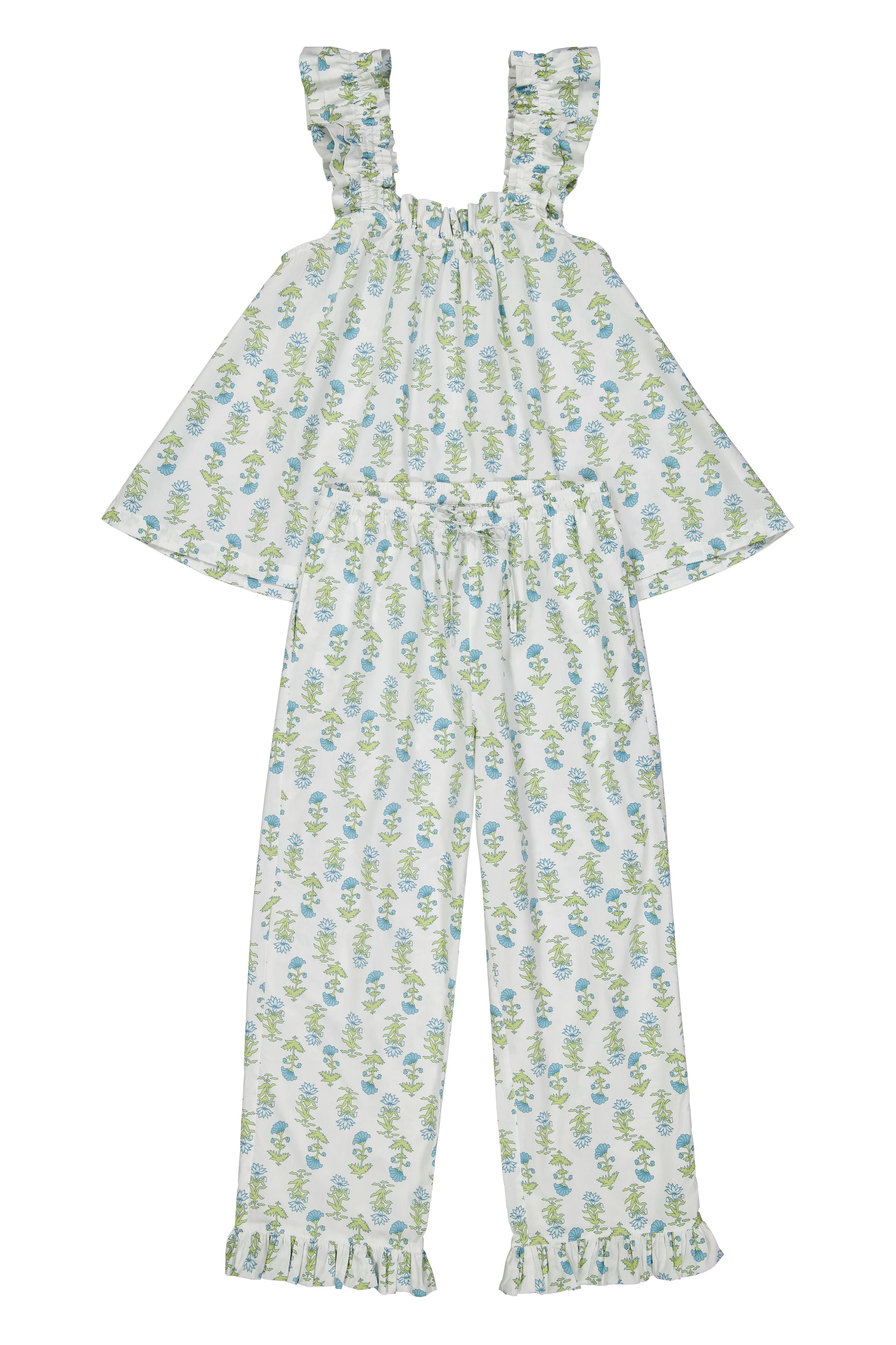 Nicolette Sleep Set - Pants - Cotton - Lotus Flower - Blue - Image 6