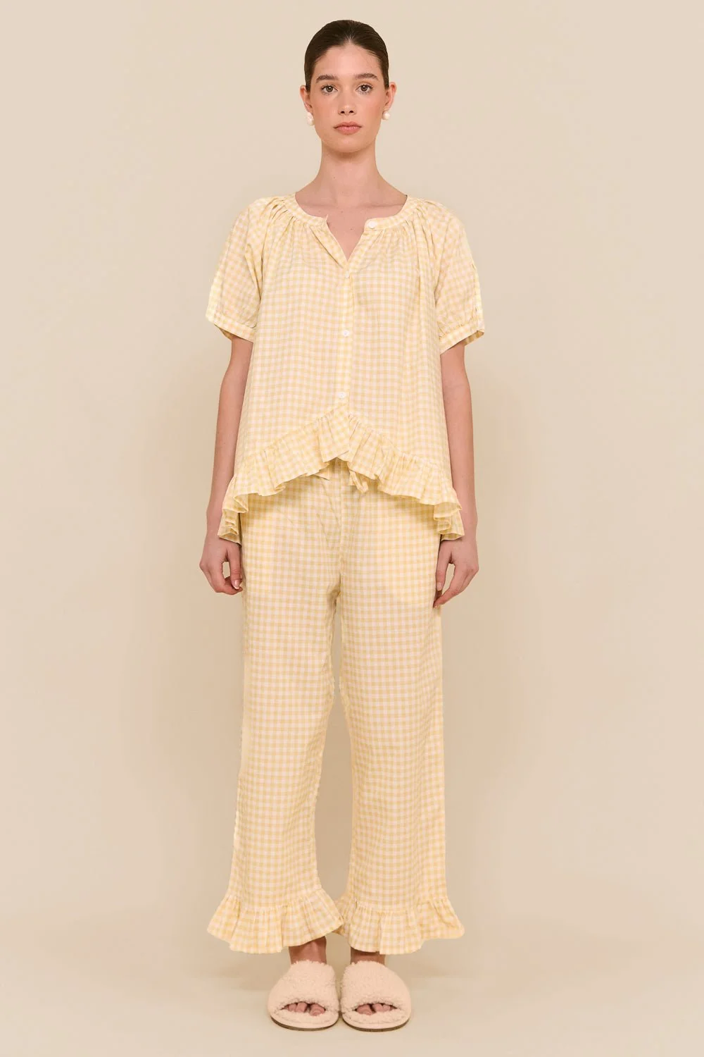 Sophie Sleep Set - Pants - Cotton - Gingham Yellow - Image 4