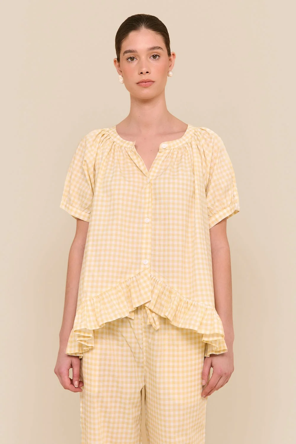 Sophie Sleep Set - Pants - Cotton - Gingham Yellow - Image 8